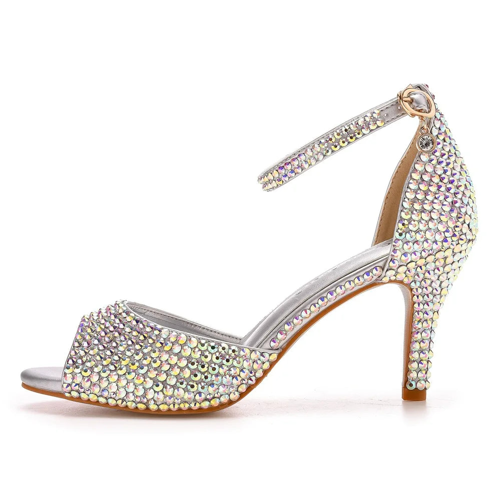 Women Summer Sandals PU 7CM Thin Heels Buckle Strap Rhinestone Party Dress Wedding Nightclub Women Shoes Gold Fashion