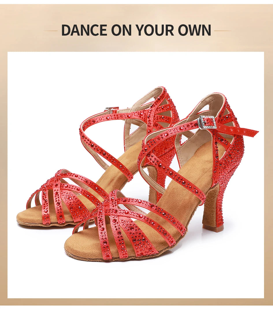 Woman Latin Dance Shoes for Women Women's Heel Sandals Drill Red Heels Elegant Heeled Summer 2024 Standard Ballroom Latino New