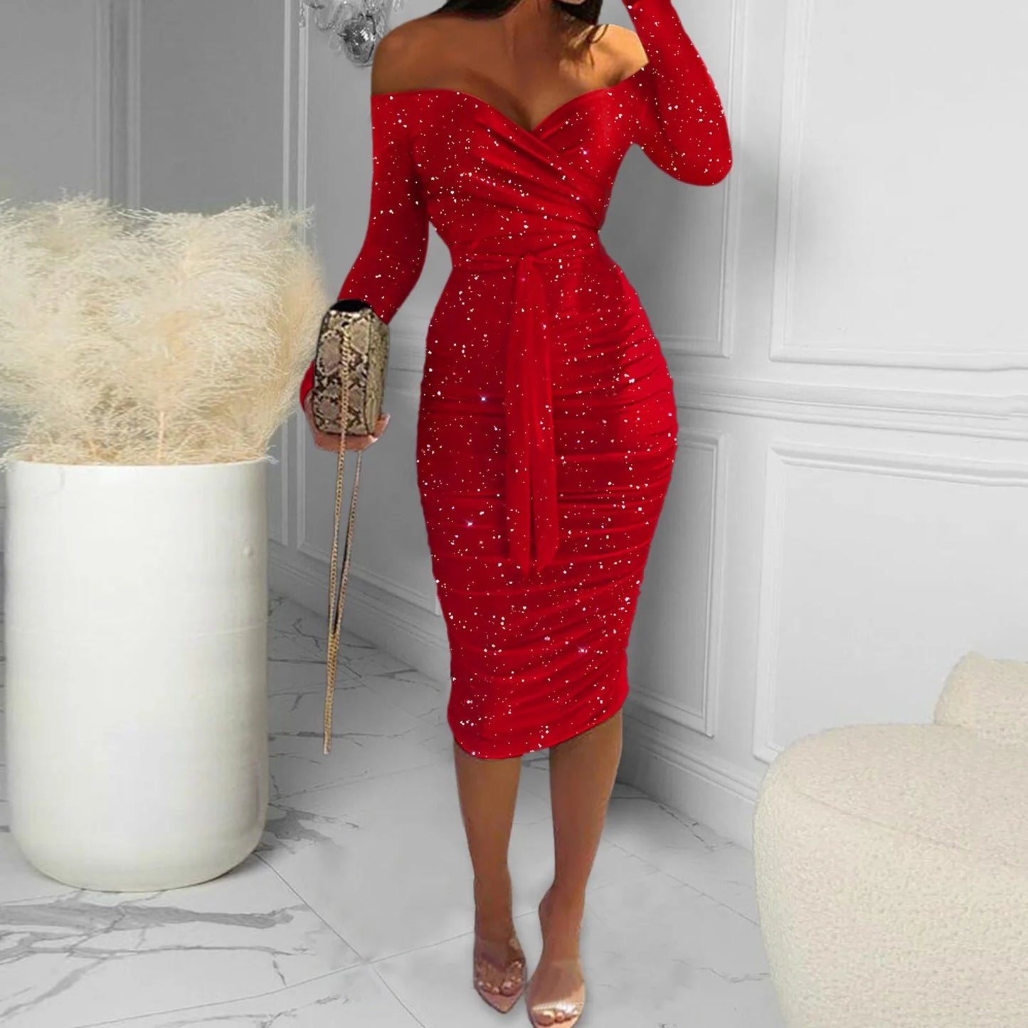 Formal Dress For Women Sexy Off Shoulder Long Sleeve Slim Bodycon Hip Wrap Ruched Midi Red Dress Vintage Party Dress Vestidos