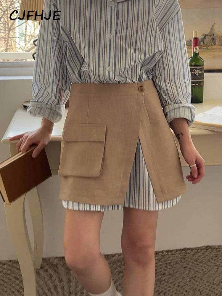 CJFHJE Harajuku Blue Two Piece Set Dress Women Striped Long Sleeve Shirt Autumn Pocket Fashion Khaki A-line Elegant Lady Skirts