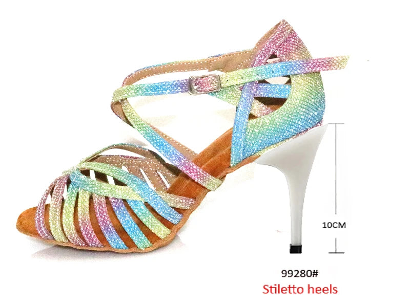 WUXIJIAO Latin Dance Shoes For Women Colorful glitter fabric Salsa Dance Shoes Women's Ballroom Dance Sandals