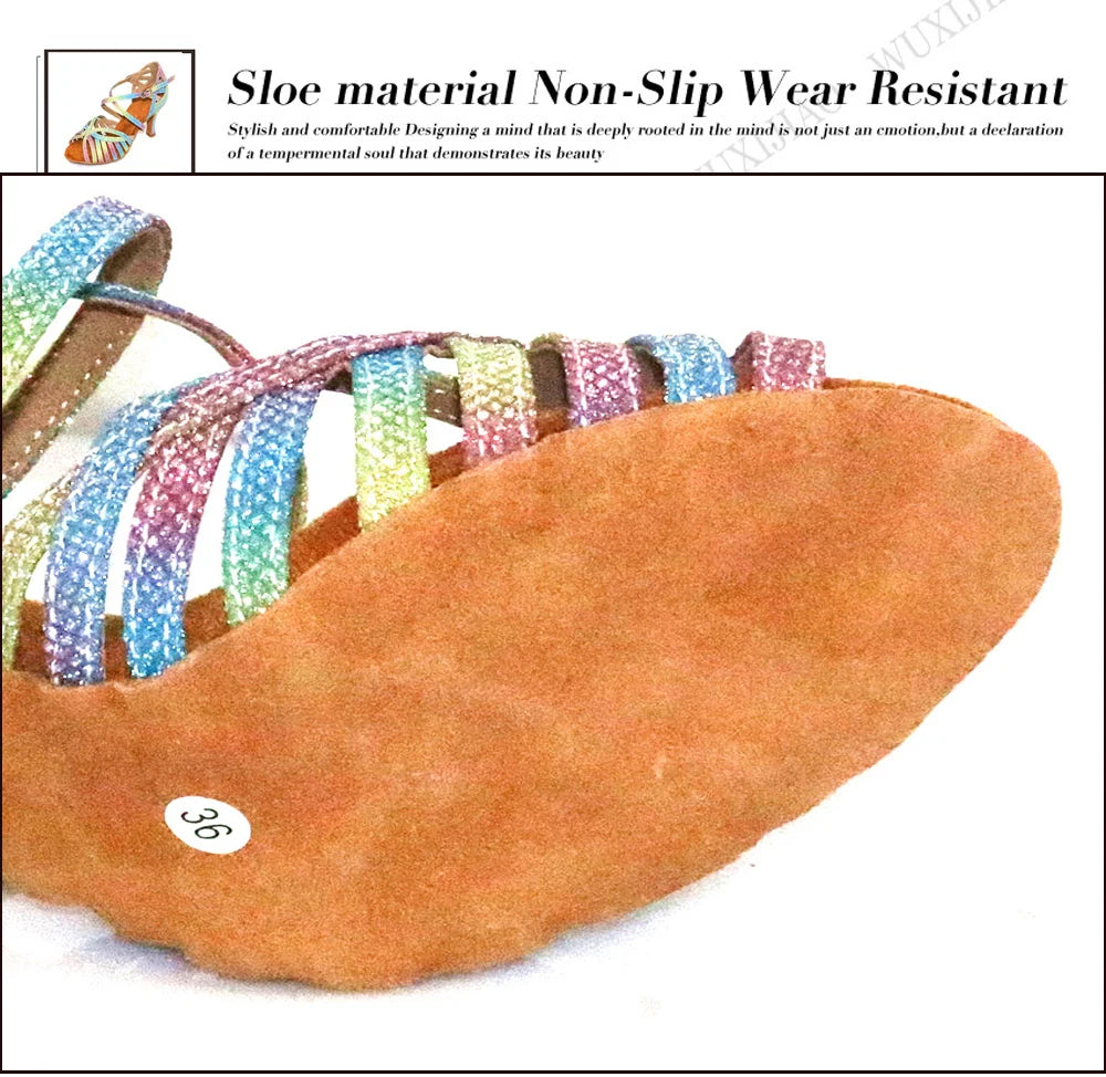 WUXIJIAO Latin Dance Shoes For Women Colorful glitter fabric Salsa Dance Shoes Women's Ballroom Dance Sandals