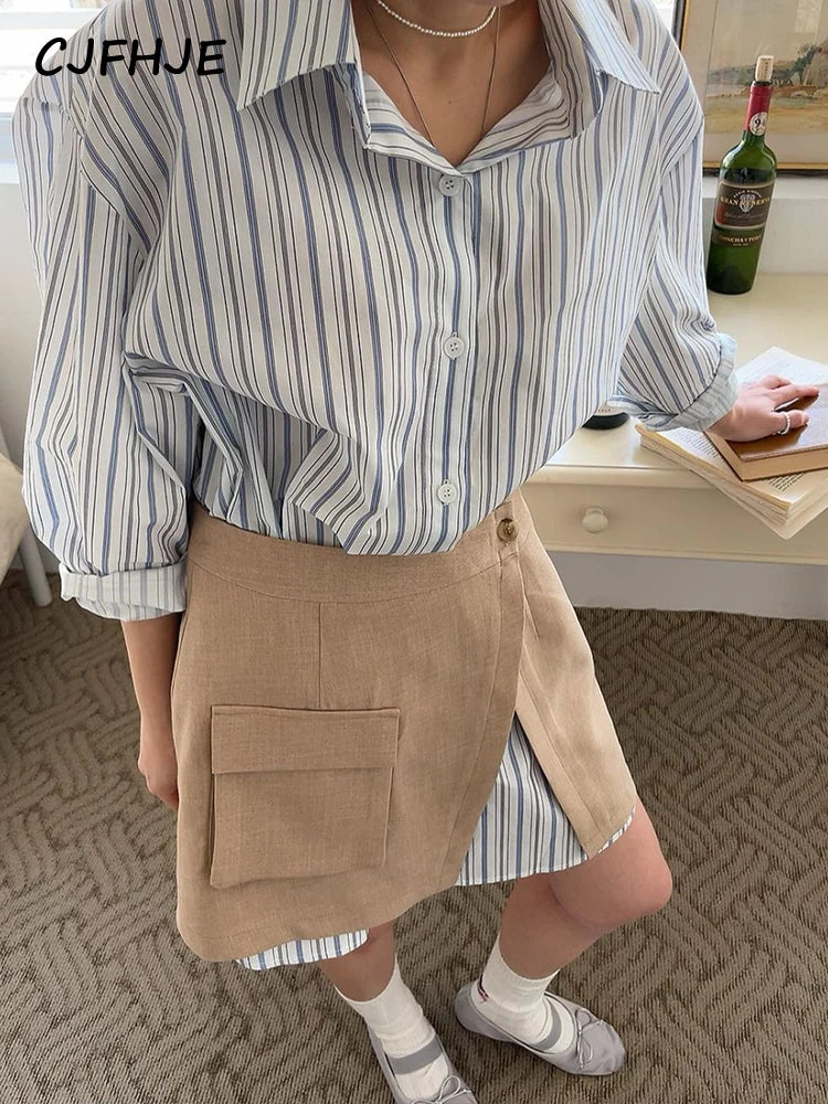 CJFHJE Harajuku Blue Two Piece Set Dress Women Striped Long Sleeve Shirt Autumn Pocket Fashion Khaki A-line Elegant Lady Skirts