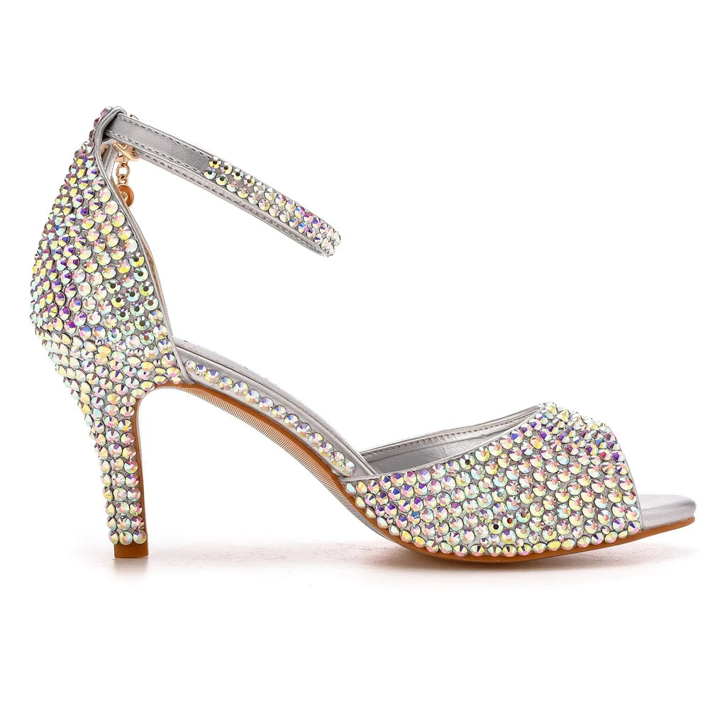Women Summer Sandals PU 7CM Thin Heels Buckle Strap Rhinestone Party Dress Wedding Nightclub Women Shoes Gold Fashion