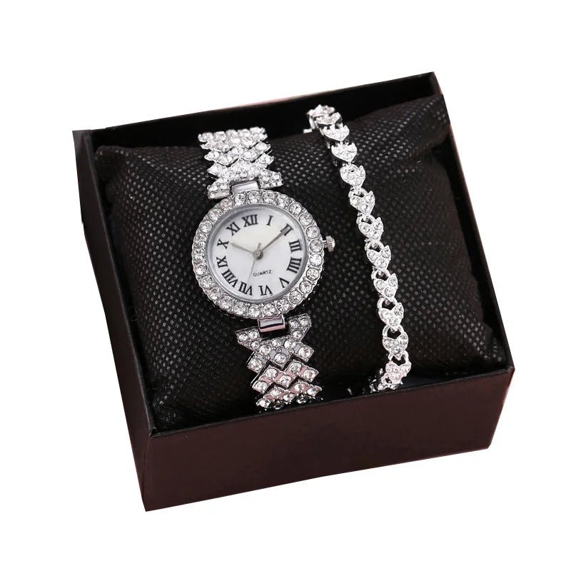 Fashion Business Luxury Full Crystal Watch Set Diamond Bracelet Set Jewelry for Women Gift with Set Gift Box