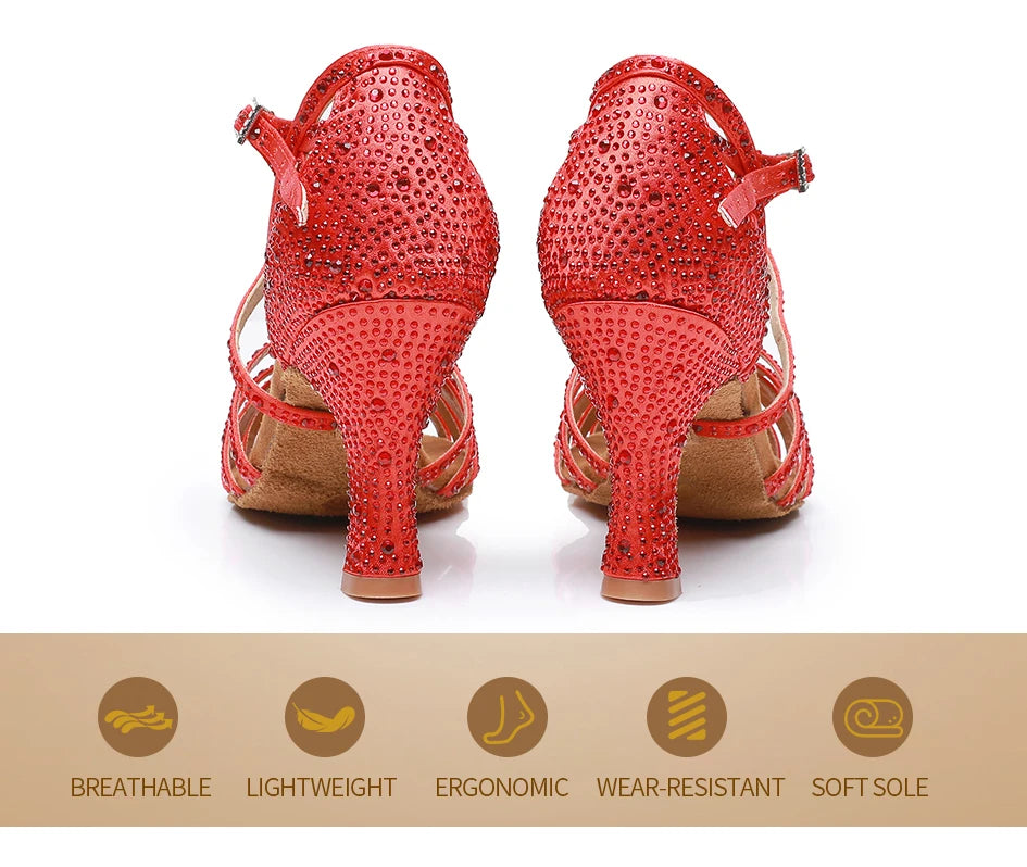 Woman Latin Dance Shoes for Women Women's Heel Sandals Drill Red Heels Elegant Heeled Summer 2024 Standard Ballroom Latino New
