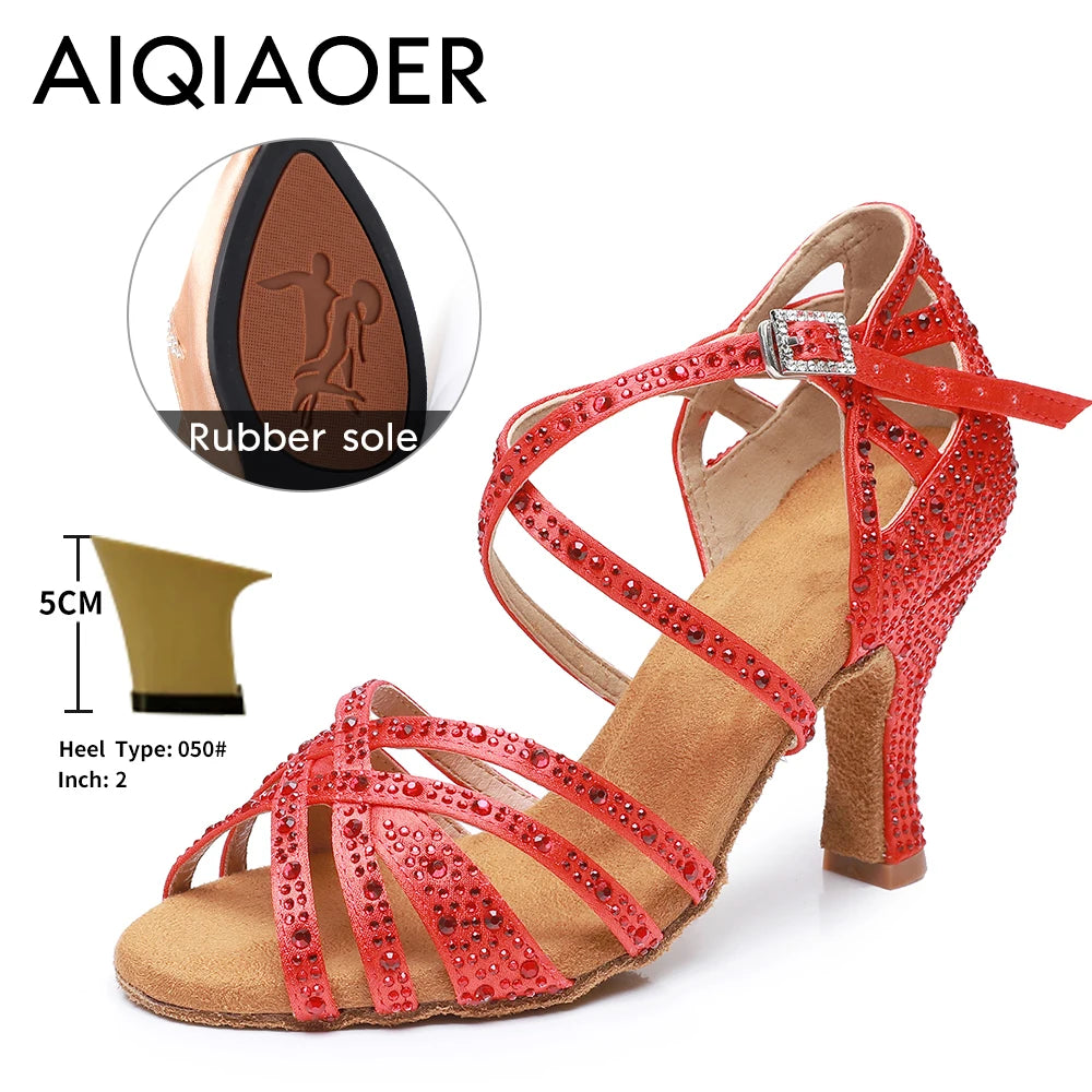 Woman Latin Dance Shoes for Women Women's Heel Sandals Drill Red Heels Elegant Heeled Summer 2024 Standard Ballroom Latino New