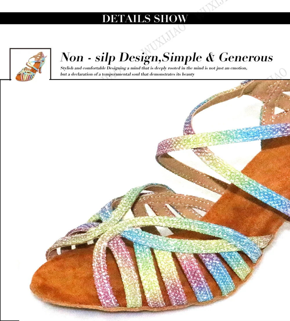 WUXIJIAO Latin Dance Shoes For Women Colorful glitter fabric Salsa Dance Shoes Women's Ballroom Dance Sandals