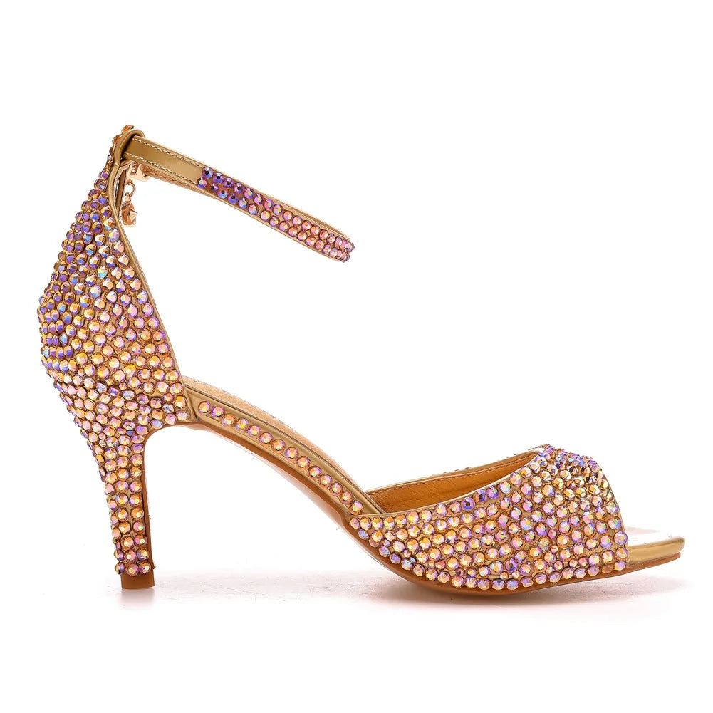 Women Summer Sandals PU 7CM Thin Heels Buckle Strap Rhinestone Party Dress Wedding Nightclub Women Shoes Gold Fashion