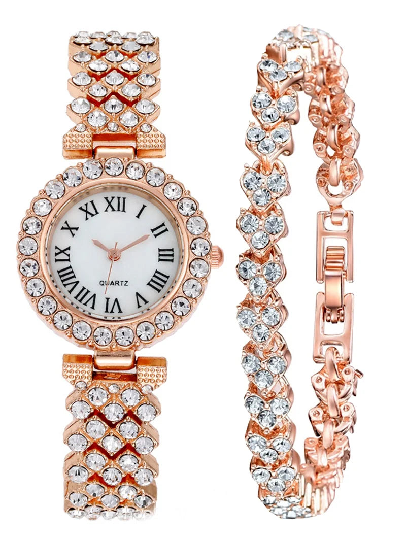 Fashion Business Luxury Full Crystal Watch Set Diamond Bracelet Set Jewelry for Women Gift with Set Gift Box