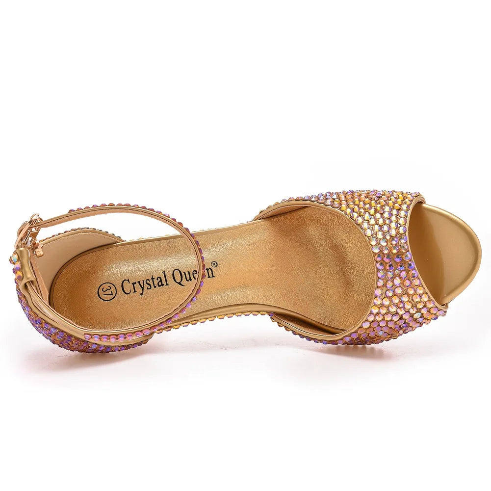 Women Summer Sandals PU 7CM Thin Heels Buckle Strap Rhinestone Party Dress Wedding Nightclub Women Shoes Gold Fashion