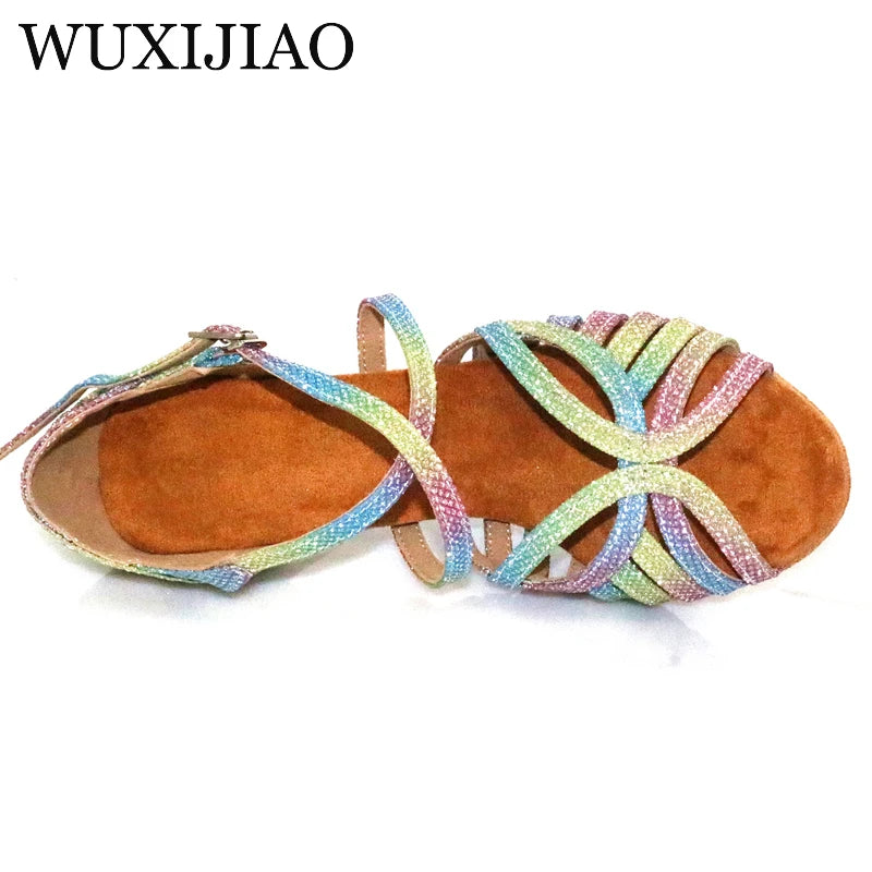 WUXIJIAO Latin Dance Shoes For Women Colorful glitter fabric Salsa Dance Shoes Women's Ballroom Dance Sandals