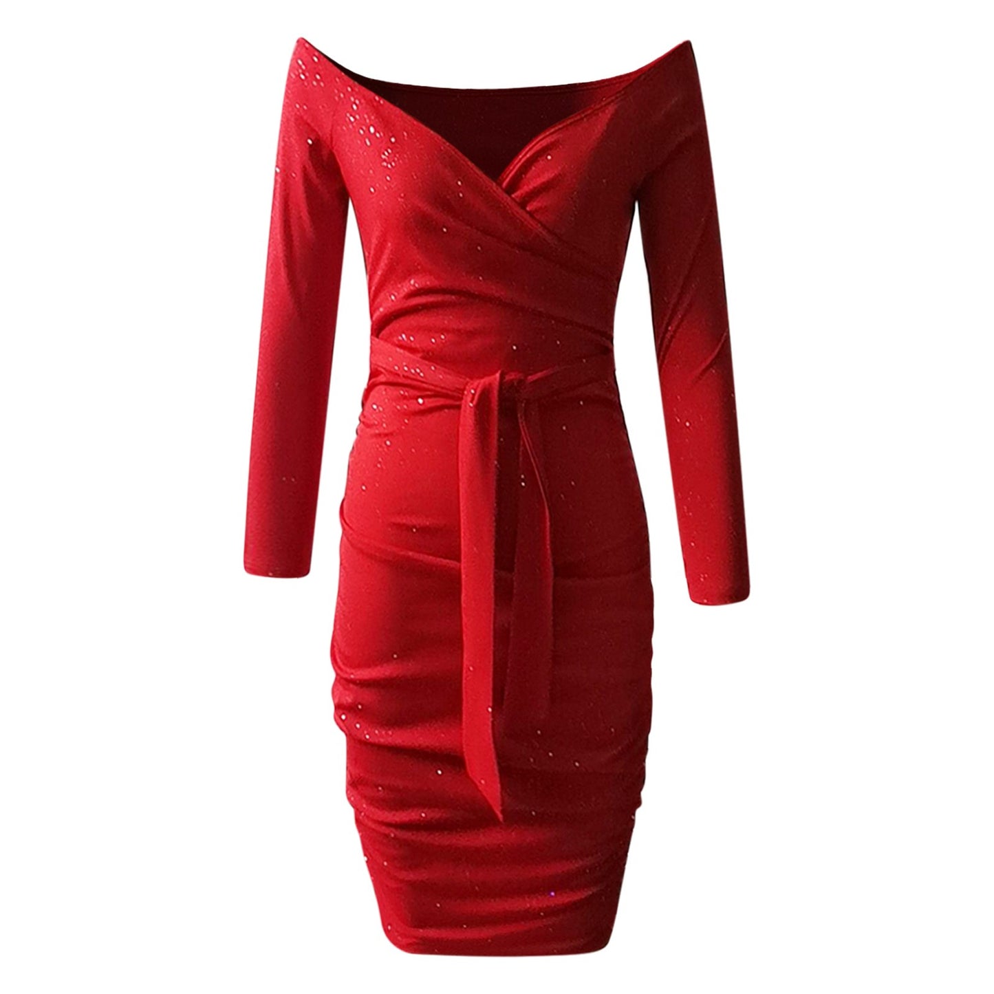 Formal Dress For Women Sexy Off Shoulder Long Sleeve Slim Bodycon Hip Wrap Ruched Midi Red Dress Vintage Party Dress Vestidos