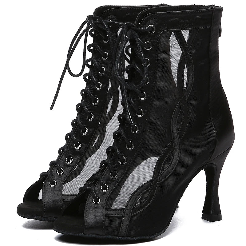 Women Latin Dance Shoes Heeled Ladies Shoes Ballroom Dancing Shoes Black Boots Lace Up Ladies Wedding Shoes on sale 2024