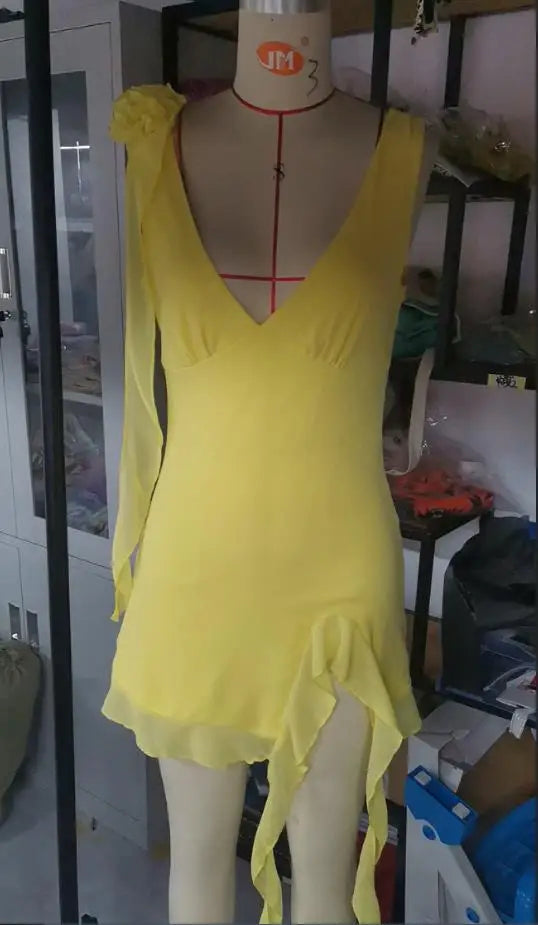Women's Summer Sleeveless Elegant Dress Solid Color V-Neck Irregular Ruffled Hem Tank Bodycon Dress