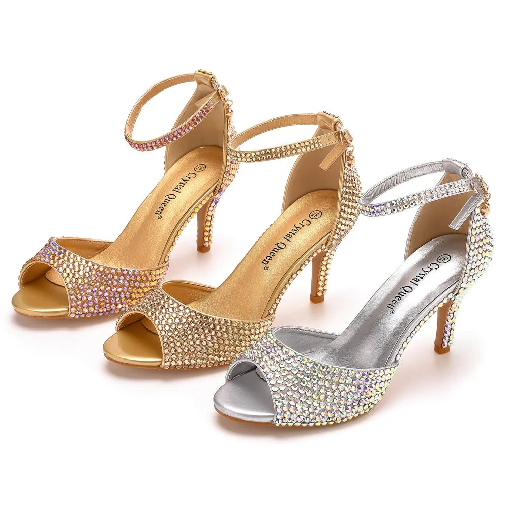 Women Summer Sandals PU 7CM Thin Heels Buckle Strap Rhinestone Party Dress Wedding Nightclub Women Shoes Gold Fashion
