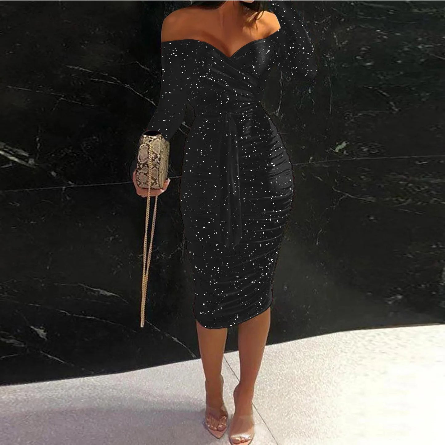 Formal Dress For Women Sexy Off Shoulder Long Sleeve Slim Bodycon Hip Wrap Ruched Midi Red Dress Vintage Party Dress Vestidos