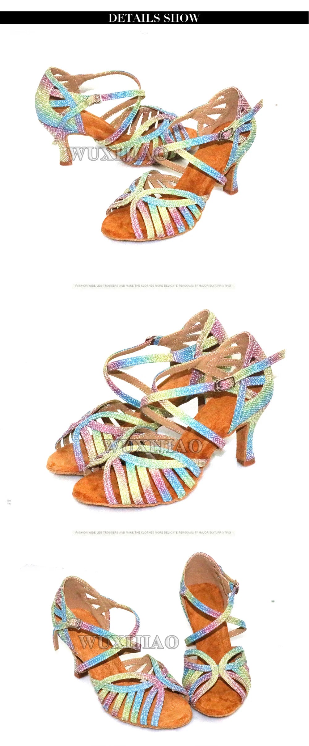 WUXIJIAO Latin Dance Shoes For Women Colorful glitter fabric Salsa Dance Shoes Women's Ballroom Dance Sandals