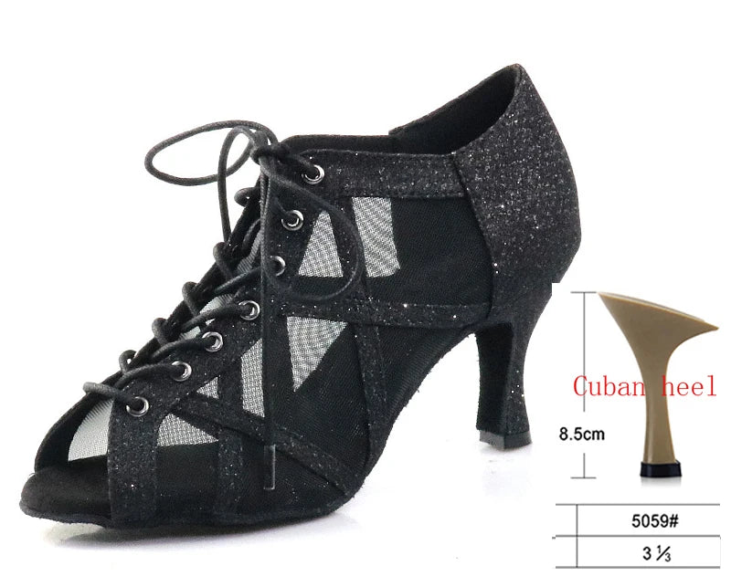 Black diamond inlaid Latin dance shoes, fish billed women's high top dance shoes, cool boots, ball and social dance shoes, salsa