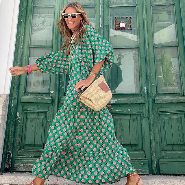 Women Puff Sleeve Boho Maxi Dress Vintage Elegant Fashion Casual Print Floral V-Neck Loose Ladies Holiday Beach Party Vestidos