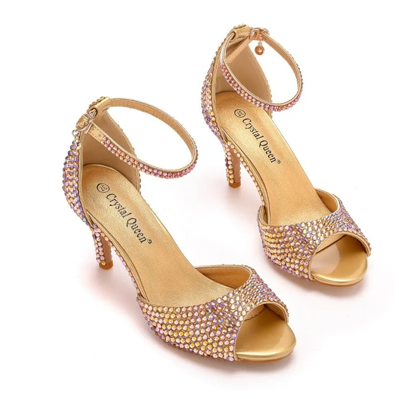 Women Summer Sandals PU 7CM Thin Heels Buckle Strap Rhinestone Party Dress Wedding Nightclub Women Shoes Gold Fashion