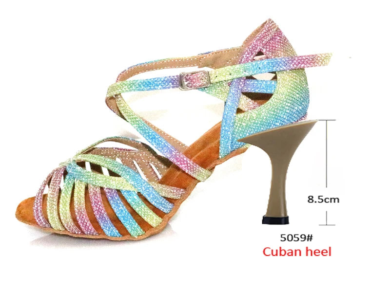 WUXIJIAO Latin Dance Shoes For Women Colorful glitter fabric Salsa Dance Shoes Women's Ballroom Dance Sandals
