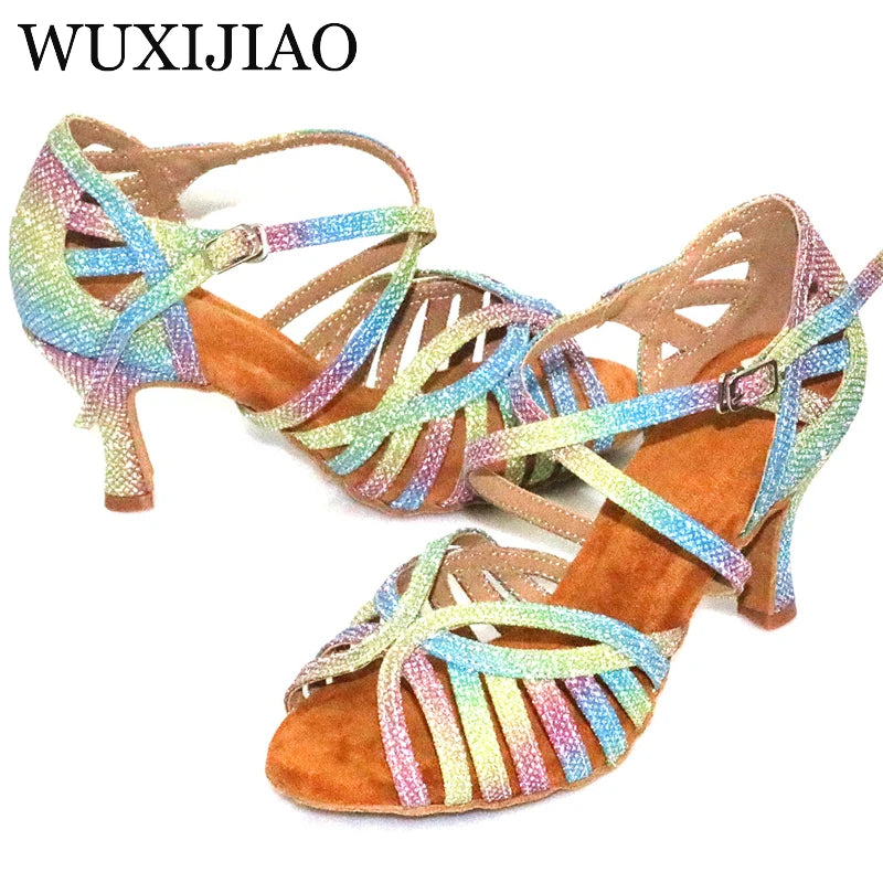 WUXIJIAO Latin Dance Shoes For Women Colorful glitter fabric Salsa Dance Shoes Women's Ballroom Dance Sandals
