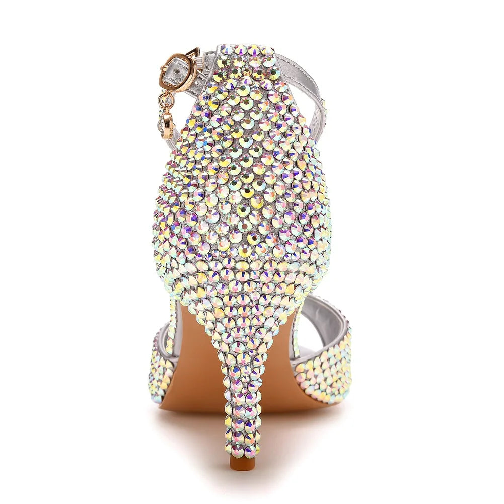 Women Summer Sandals PU 7CM Thin Heels Buckle Strap Rhinestone Party Dress Wedding Nightclub Women Shoes Gold Fashion