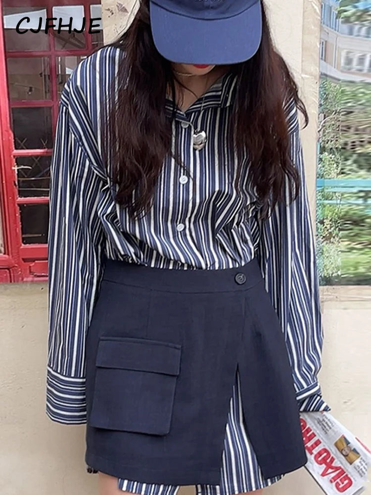 CJFHJE Harajuku Blue Two Piece Set Dress Women Striped Long Sleeve Shirt Autumn Pocket Fashion Khaki A-line Elegant Lady Skirts