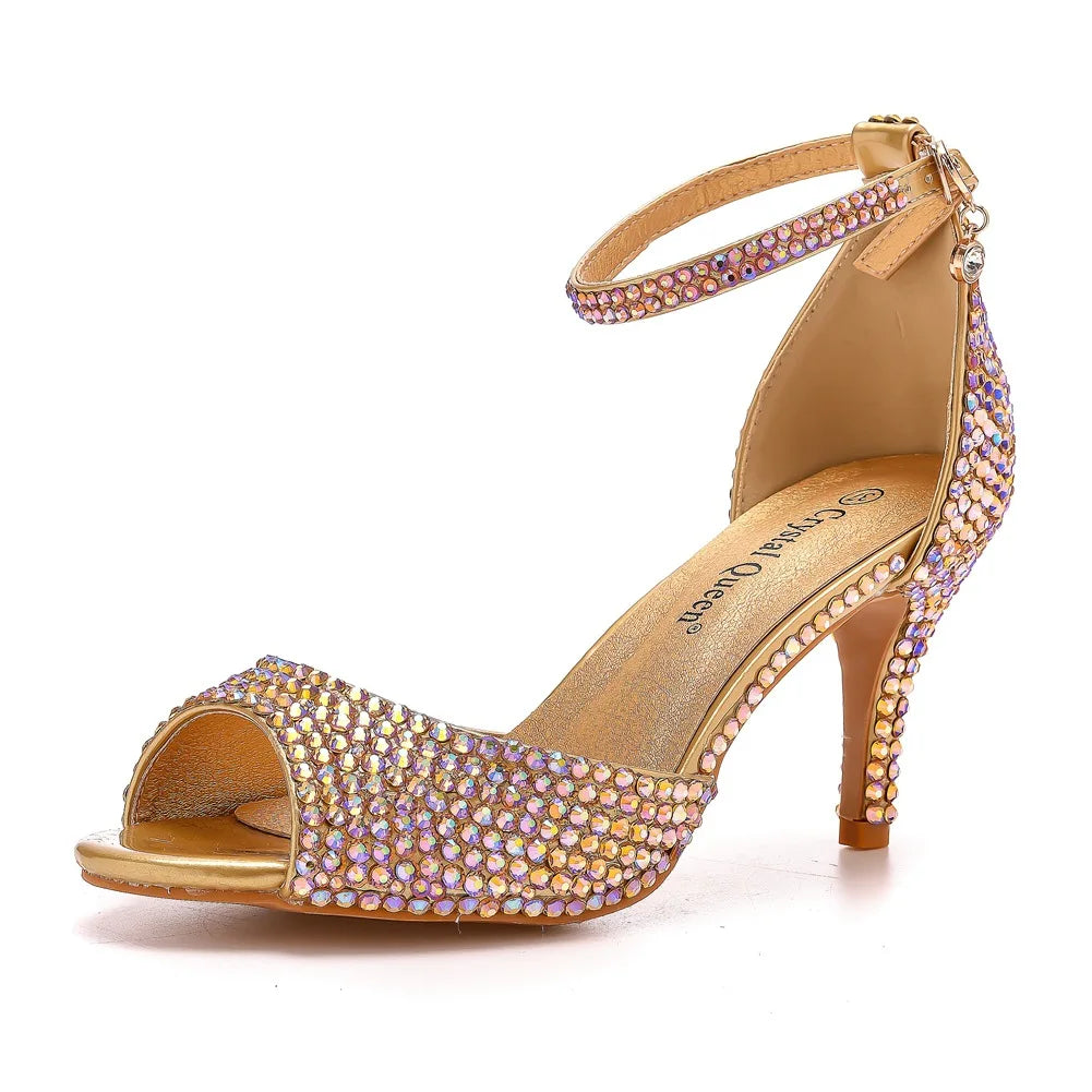 Women Summer Sandals PU 7CM Thin Heels Buckle Strap Rhinestone Party Dress Wedding Nightclub Women Shoes Gold Fashion