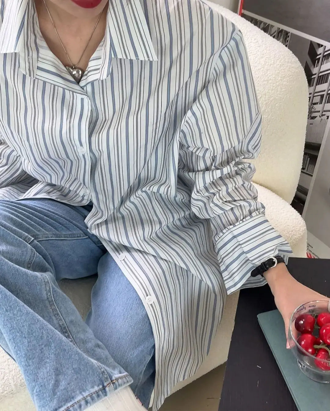 CJFHJE Harajuku Blue Two Piece Set Dress Women Striped Long Sleeve Shirt Autumn Pocket Fashion Khaki A-line Elegant Lady Skirts