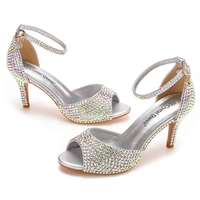 Women Summer Sandals PU 7CM Thin Heels Buckle Strap Rhinestone Party Dress Wedding Nightclub Women Shoes Gold Fashion