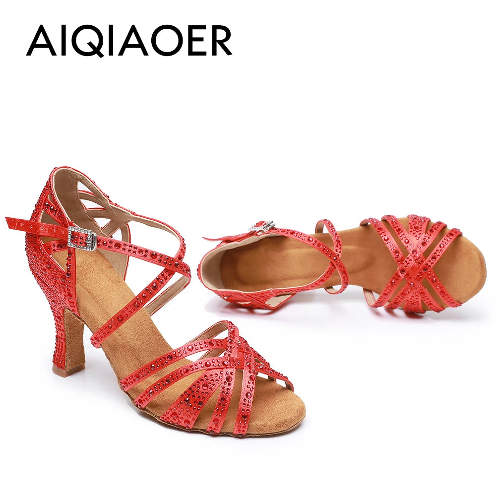 Woman Latin Dance Shoes for Women Women's Heel Sandals Drill Red Heels Elegant Heeled Summer 2024 Standard Ballroom Latino New