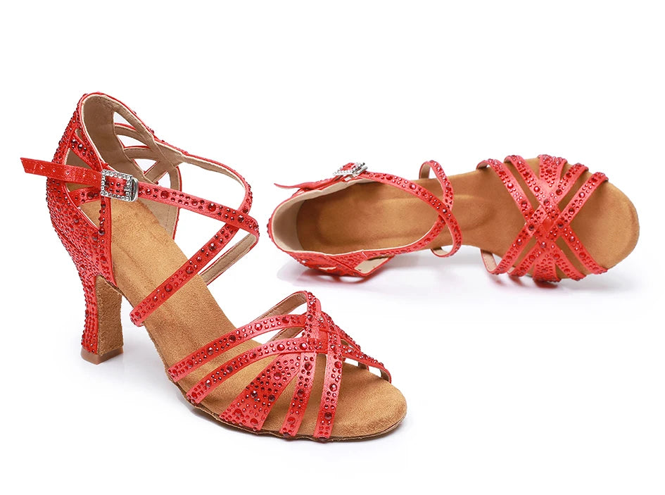 Woman Latin Dance Shoes for Women Women's Heel Sandals Drill Red Heels Elegant Heeled Summer 2024 Standard Ballroom Latino New