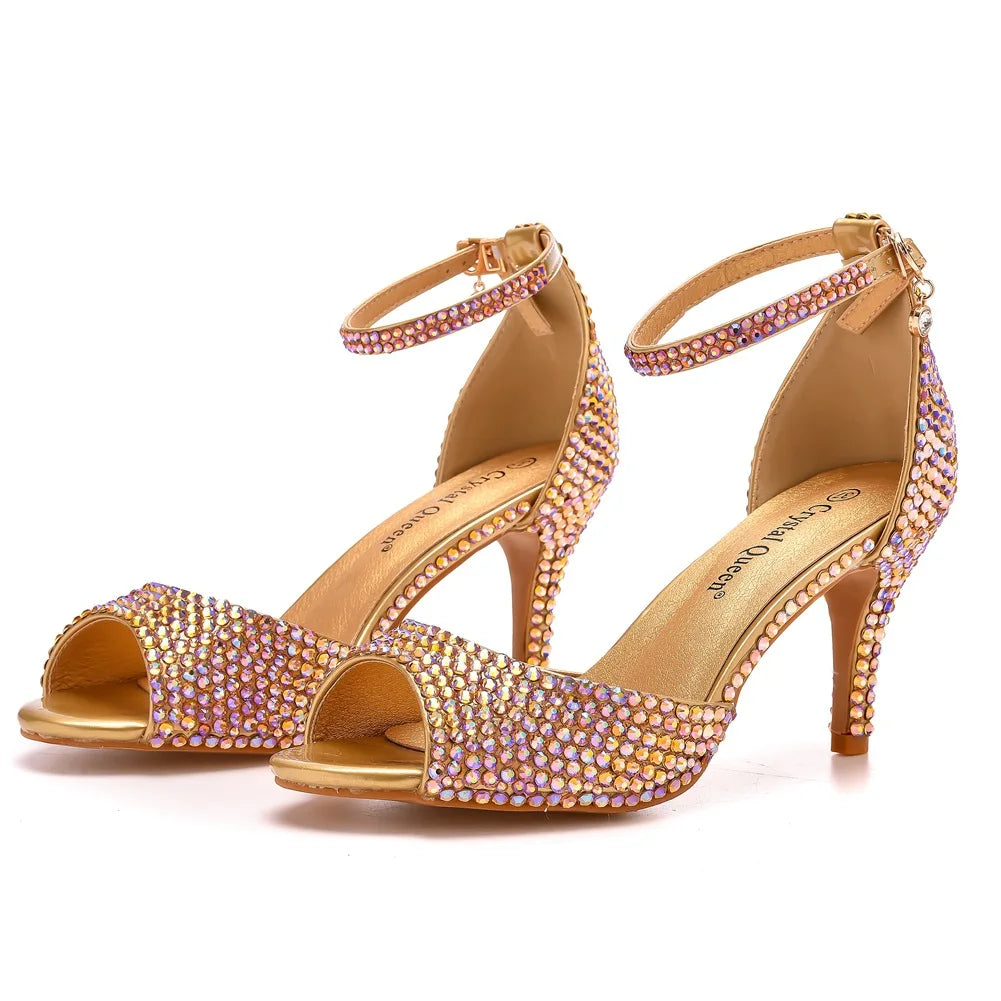 Women Summer Sandals PU 7CM Thin Heels Buckle Strap Rhinestone Party Dress Wedding Nightclub Women Shoes Gold Fashion