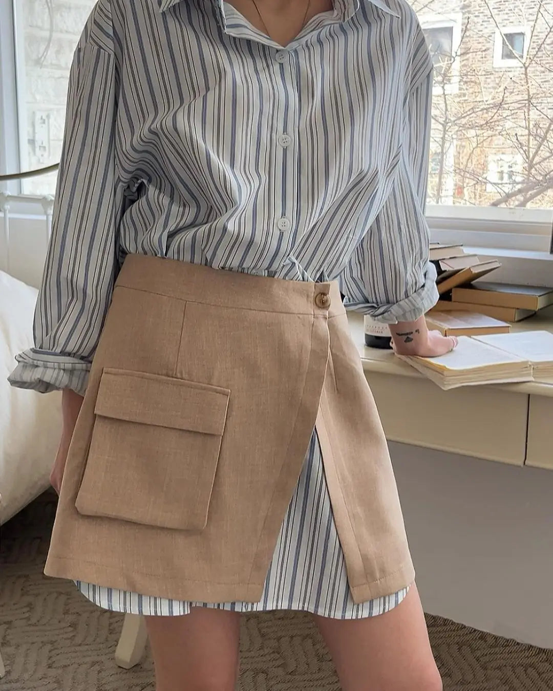 CJFHJE Harajuku Blue Two Piece Set Dress Women Striped Long Sleeve Shirt Autumn Pocket Fashion Khaki A-line Elegant Lady Skirts