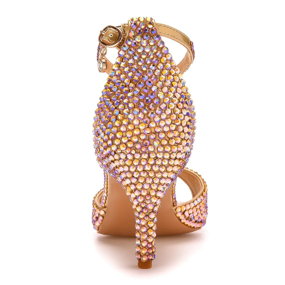 Women Summer Sandals PU 7CM Thin Heels Buckle Strap Rhinestone Party Dress Wedding Nightclub Women Shoes Gold Fashion