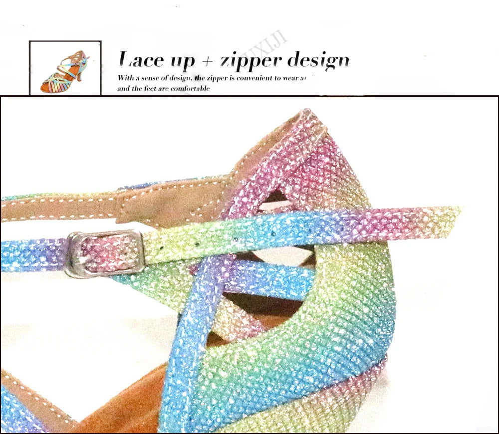 WUXIJIAO Latin Dance Shoes For Women Colorful glitter fabric Salsa Dance Shoes Women's Ballroom Dance Sandals