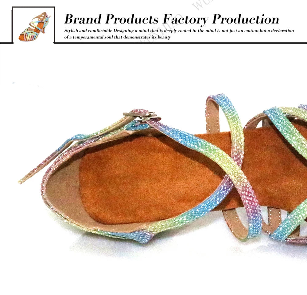 WUXIJIAO Latin Dance Shoes For Women Colorful glitter fabric Salsa Dance Shoes Women's Ballroom Dance Sandals