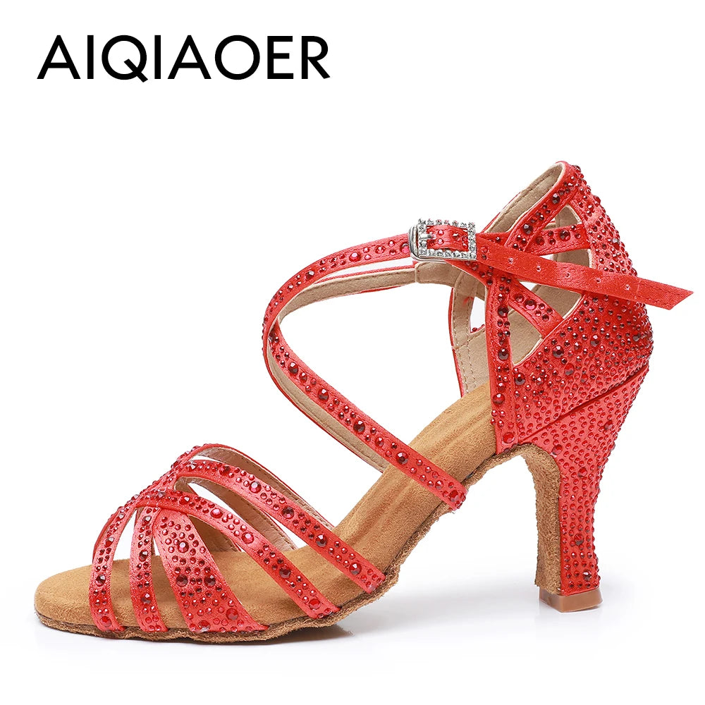 Woman Latin Dance Shoes for Women Women's Heel Sandals Drill Red Heels Elegant Heeled Summer 2024 Standard Ballroom Latino New