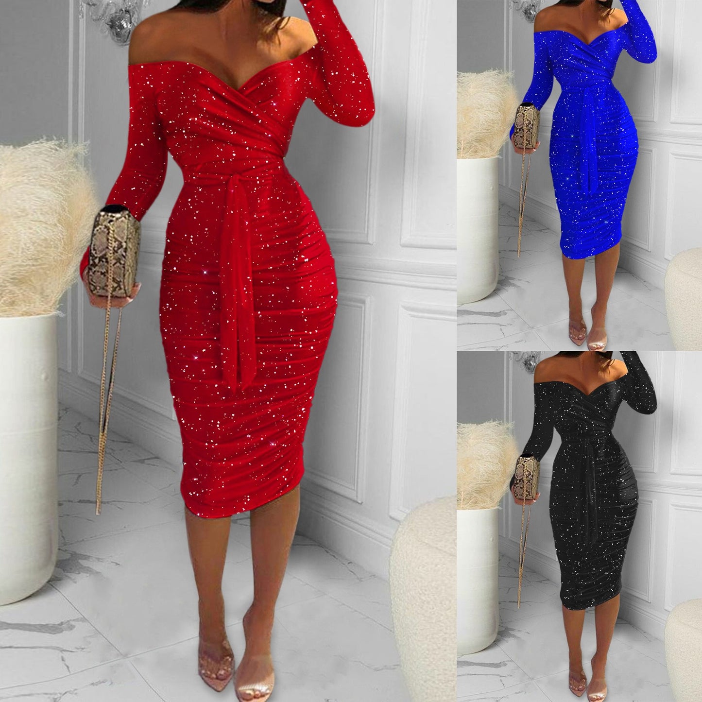 Formal Dress For Women Sexy Off Shoulder Long Sleeve Slim Bodycon Hip Wrap Ruched Midi Red Dress Vintage Party Dress Vestidos