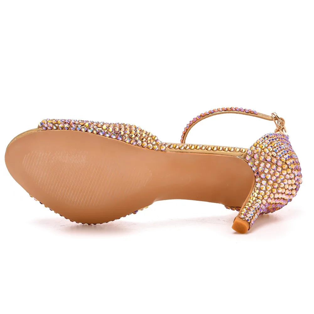 Women Summer Sandals PU 7CM Thin Heels Buckle Strap Rhinestone Party Dress Wedding Nightclub Women Shoes Gold Fashion