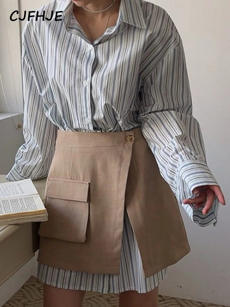 CJFHJE Harajuku Blue Two Piece Set Dress Women Striped Long Sleeve Shirt Autumn Pocket Fashion Khaki A-line Elegant Lady Skirts