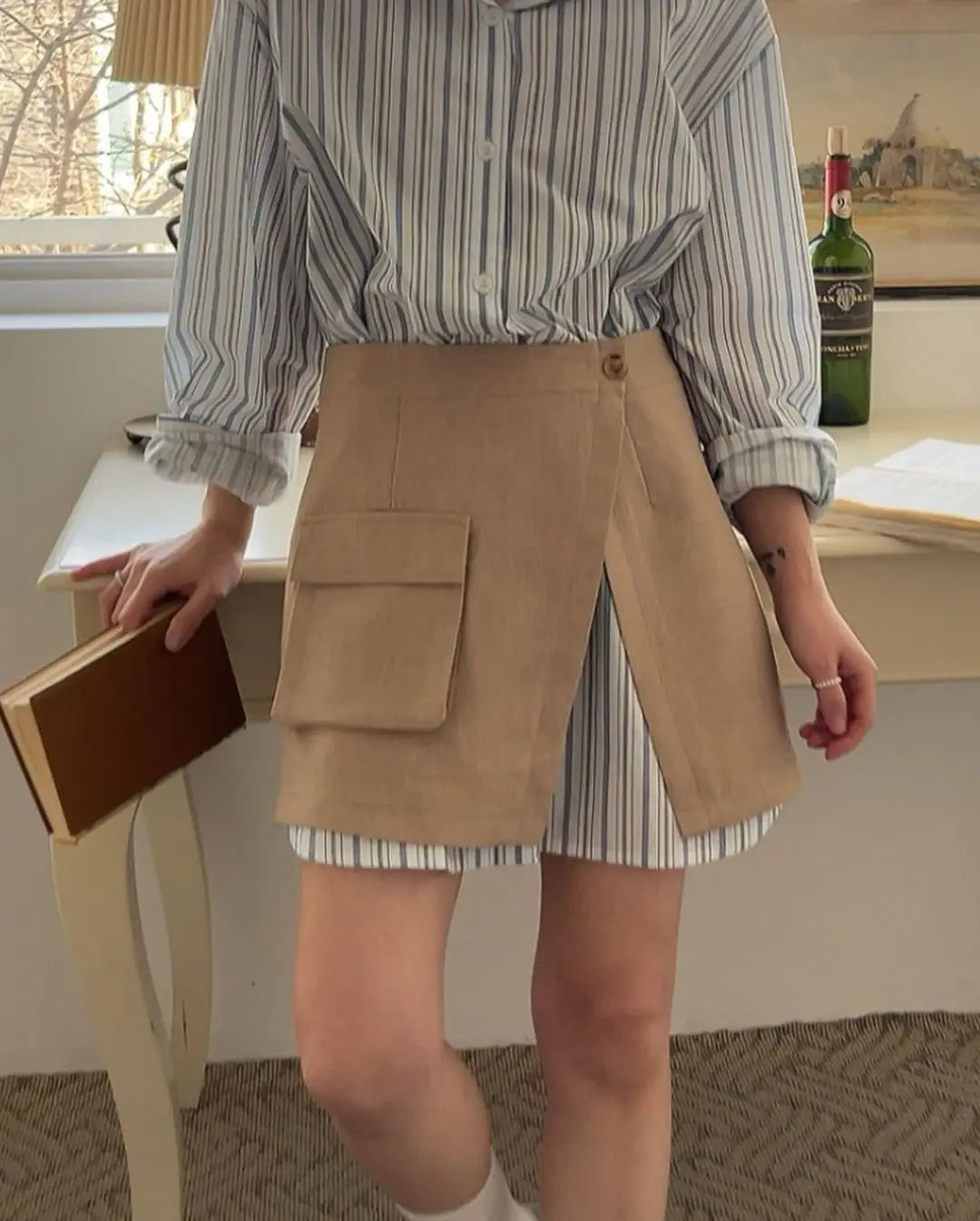 CJFHJE Harajuku Blue Two Piece Set Dress Women Striped Long Sleeve Shirt Autumn Pocket Fashion Khaki A-line Elegant Lady Skirts