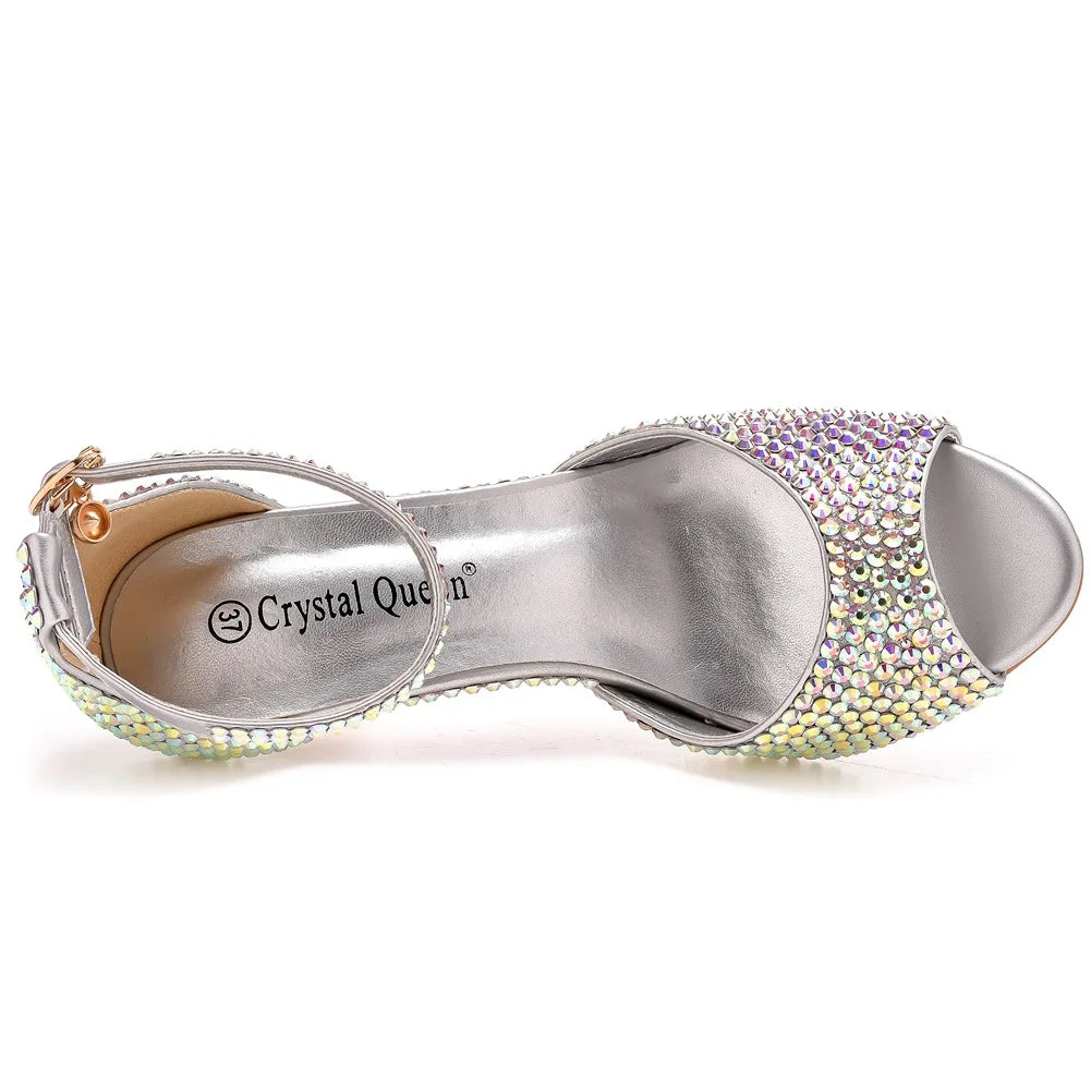 Women Summer Sandals PU 7CM Thin Heels Buckle Strap Rhinestone Party Dress Wedding Nightclub Women Shoes Gold Fashion