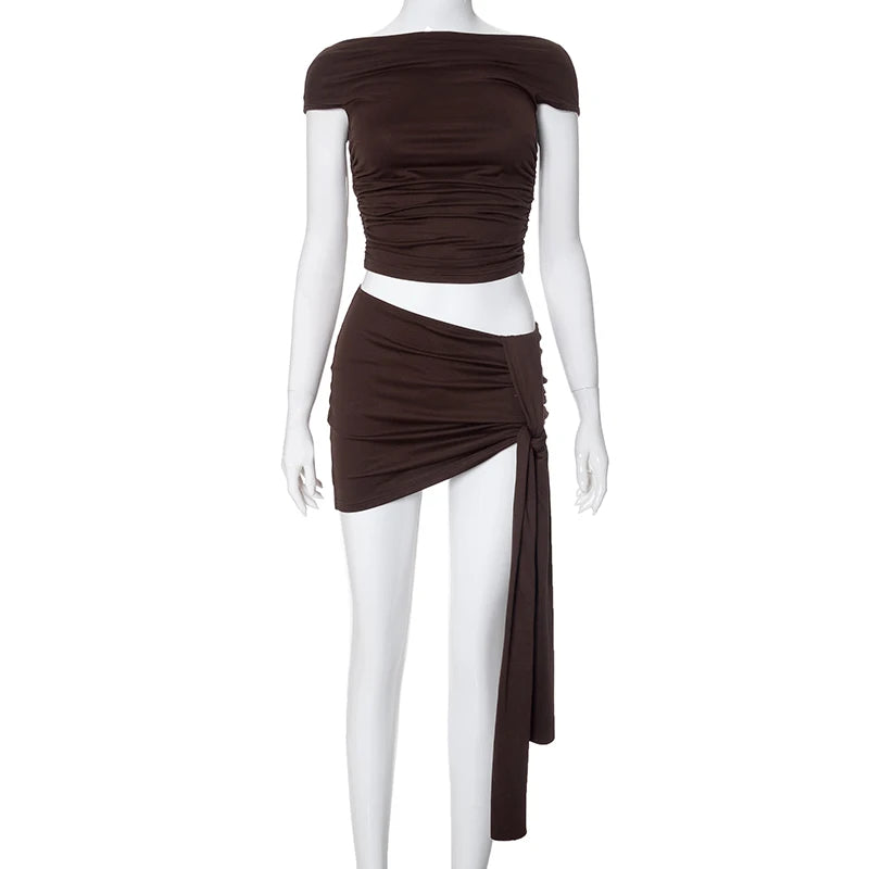 CUTENOVA Solid Color Pleated Backless Sexy Two piece Set 2024 Off Shoulder Mini Skirt Women Set Elegant Evening Party 2 Pieces