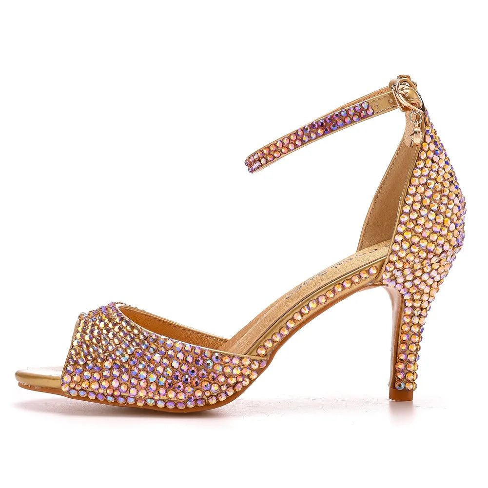 Women Summer Sandals PU 7CM Thin Heels Buckle Strap Rhinestone Party Dress Wedding Nightclub Women Shoes Gold Fashion