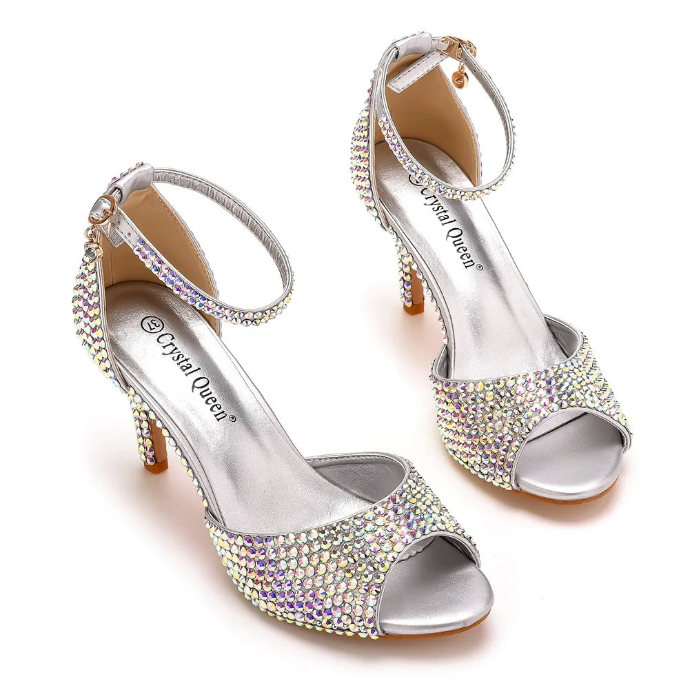 Women Summer Sandals PU 7CM Thin Heels Buckle Strap Rhinestone Party Dress Wedding Nightclub Women Shoes Gold Fashion