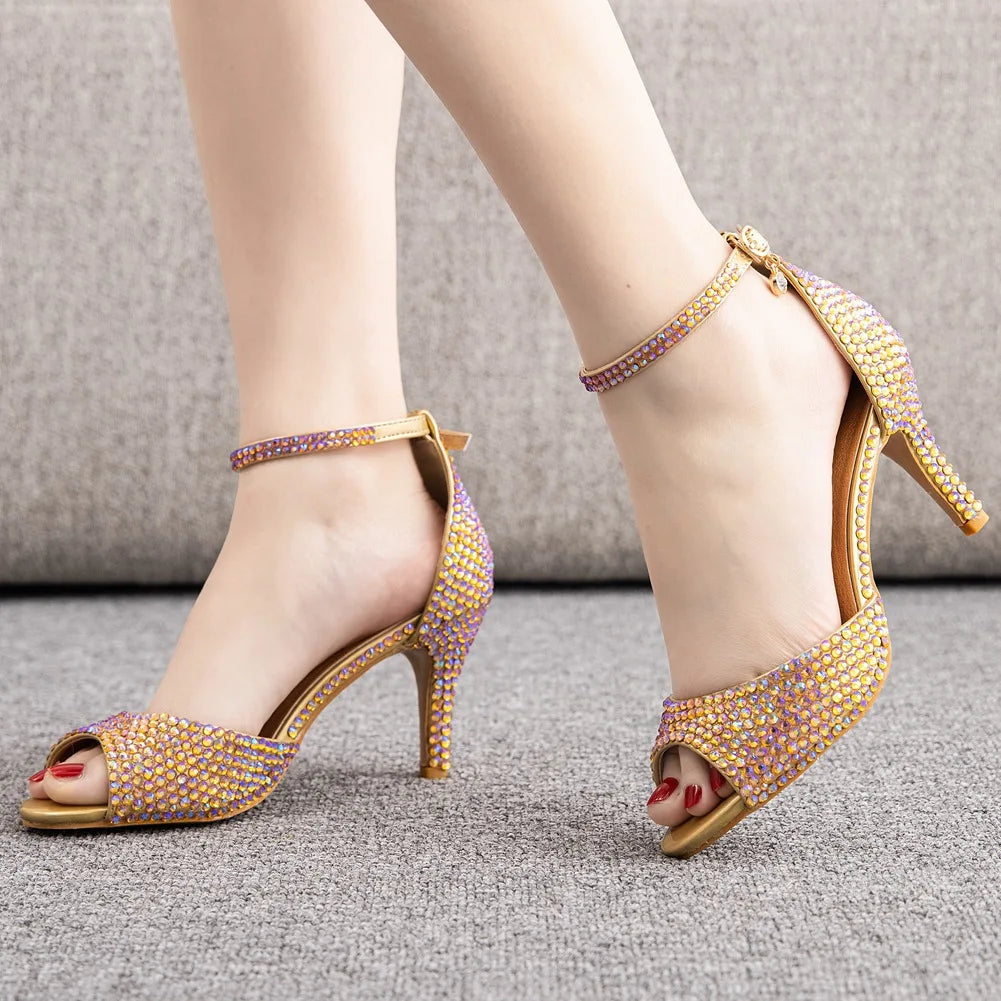 Women Summer Sandals PU 7CM Thin Heels Buckle Strap Rhinestone Party Dress Wedding Nightclub Women Shoes Gold Fashion