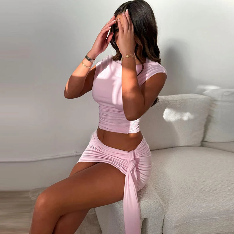 CUTENOVA Solid Color Pleated Backless Sexy Two piece Set 2024 Off Shoulder Mini Skirt Women Set Elegant Evening Party 2 Pieces